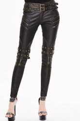 Brown Leather Metal Eyelets Belt Metal Buckle Leg Loop Hand-Rubbed Women's Punk Pants